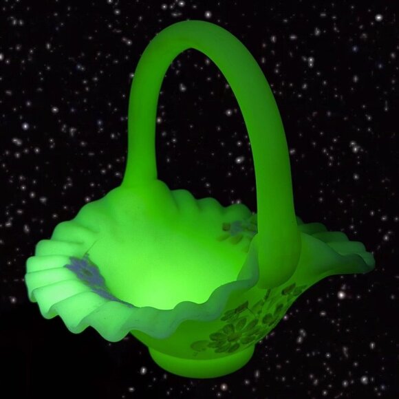 Fenton Basket Custard Uranium Glass Satin Textured Ruffled Signed J Brown Floral - Picture 6 of 14